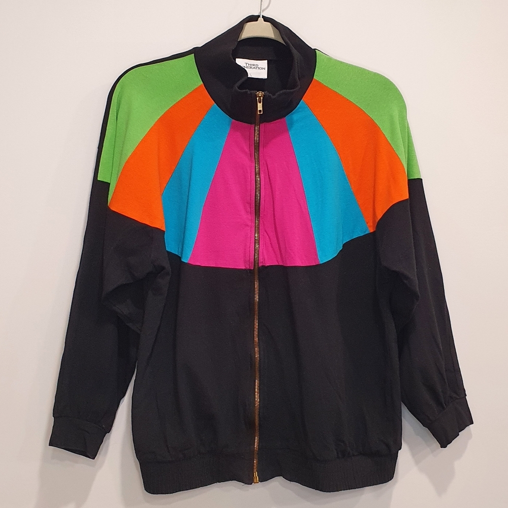 Third Generation vintage zip up jacket sweater, black multicolour, size large